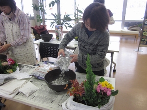 「鉢底に水はけをよくする材料と培養土を入れて」の画像